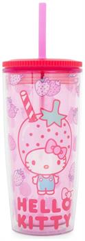 Sanrio Hello Kitty Strawberries Plastic Tumbler With Lid and Straw | 20 Ounces